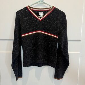 Vintage Airport V Neck Knit Sweater Black Retro Speckled‎ Women's Large Y2K